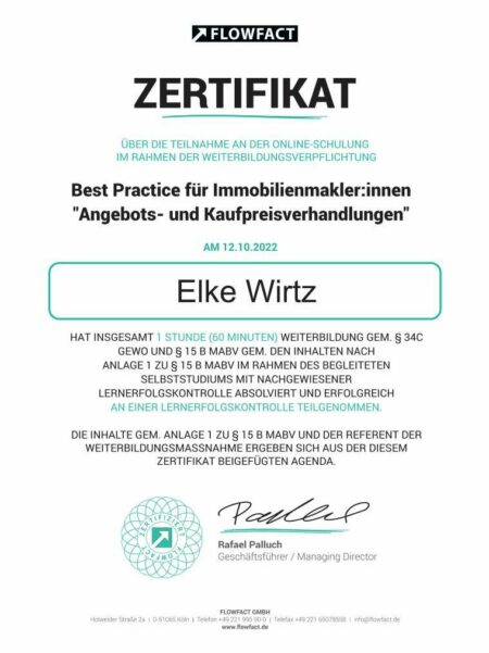 ZertifikatFlowfact12.10.2022ElkeWirtz1AngebotKaufpreisvrahndlungen-1-edited-e1667585314339 Unternehmenskultur, Profil