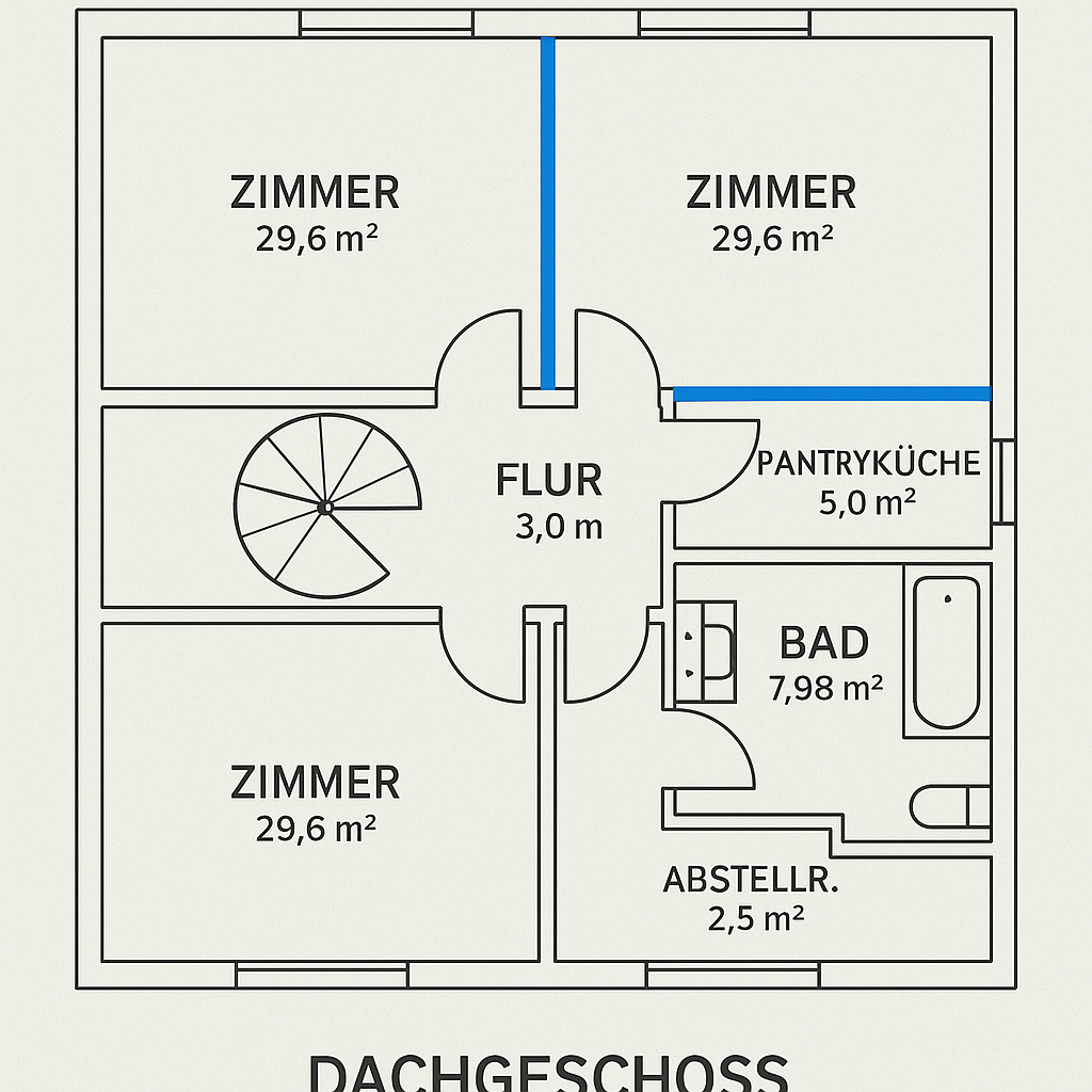 Aufteilung Loft mi 3 Zimmer 